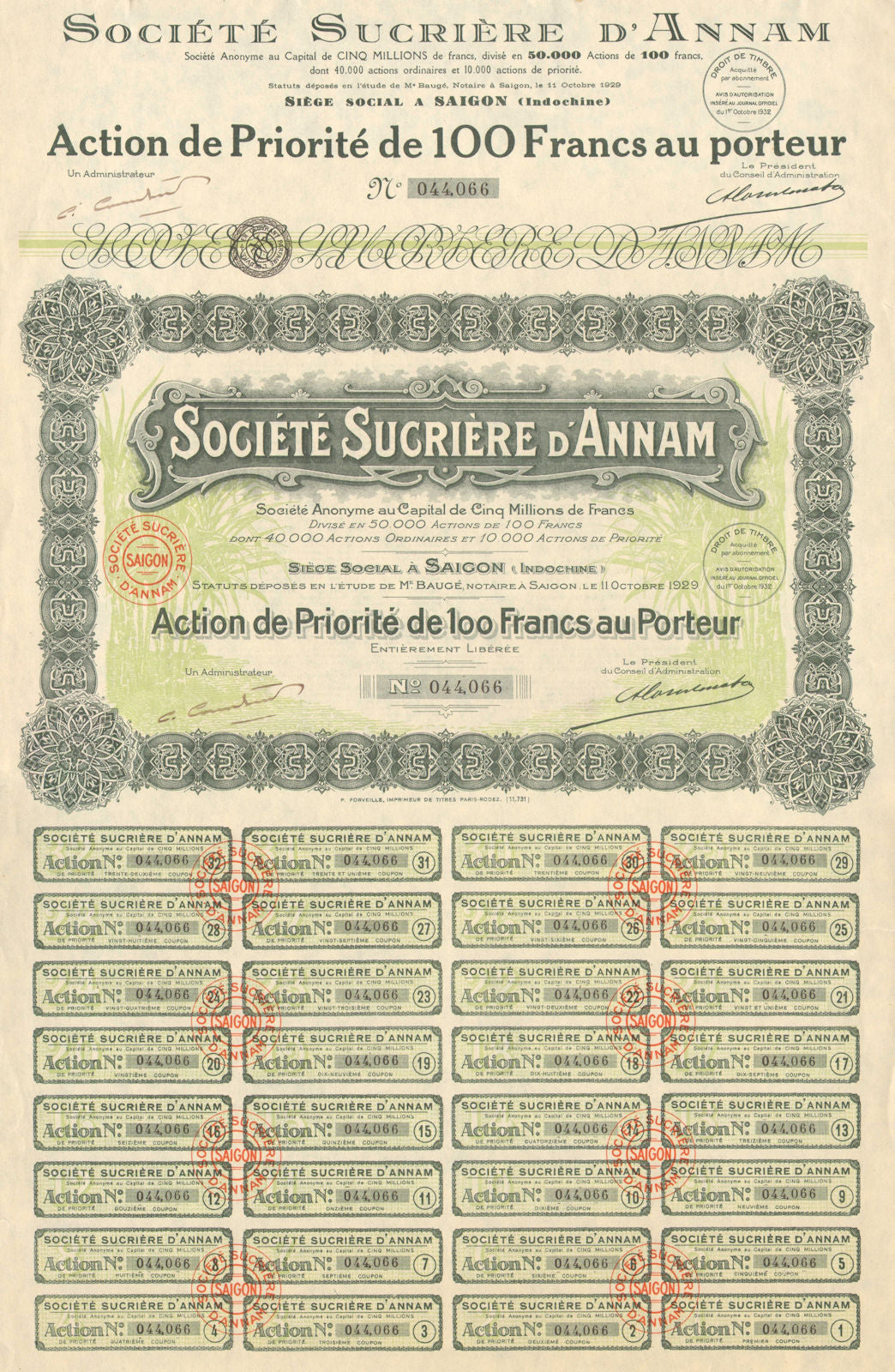 Société Sucrière d'Annam. Pref share. Action de priorité. French Indochina 1929